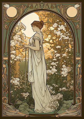 Vrouw in weelderige tuin, stijl Alphonse Mucha