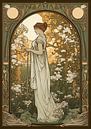 Vrouw in weelderige tuin, stijl Alphonse Mucha van Jan Bechtum thumbnail