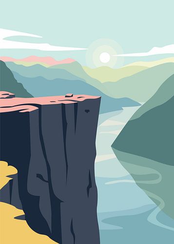 Illustration vectorielle minimaliste et stylisée représentant une falaise abrupte surplombant un fjord majestueux sous un soleil matinal brumeux