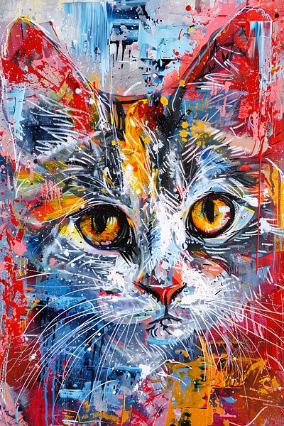 Abstract kleurrijk schilderij van een kat van Art & Soul Creations