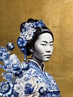 Japanse vrouw in Delfts blauw op gouden achtergrond, moderne variatie op een Geisha portret