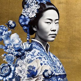 Japanese woman in Delftware on gold background, modern variation on a Geisha portrait by Mijke Konijn