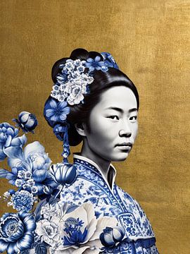 Japanse vrouw in Delfts blauw op gouden achtergrond, moderne variatie op een Geisha portret van Mijke Konijn