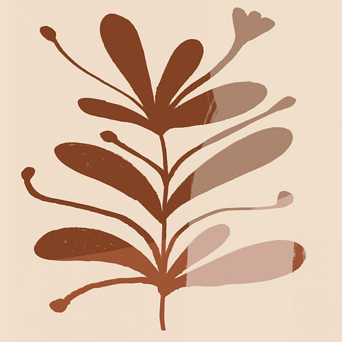 Abstraktes minimalistisches botanisches Bild. Blatt in Terra, Braun und Beige.