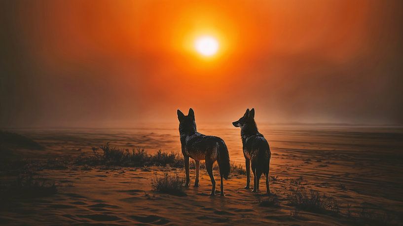 Woestijnlandschap met coyotes en ondergaande zon van Transmutation Art