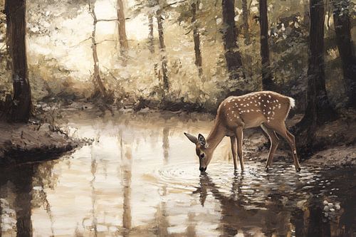 Cerf près d'un ruisseau forestier calme
