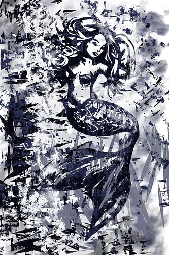 Abstract kunstwerk zeemeermin in blauw en wit
