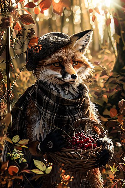 Autumn fox with basket full of berries by Imperial Art House