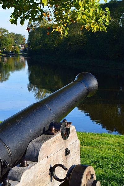 Ansicht des Kanals in Dokkum, Friesland (Hardridersgracht / Grootdiep / Dokkumergrootdiep), mit einer antiken Kanone im Vordergrund und Bäumen, die sich im Wasser spiegeln, im Hintergrund. von Studio LE-gals