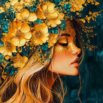 Goud Gezicht | Vrouw met Gouden Bloemenportret van Blikvanger Schilderijen