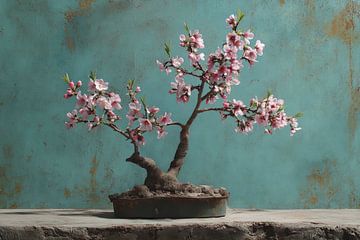 Stilleven Bonsai op rots met roze bloesem van Digitale Schilderijen