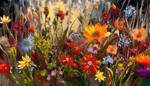 Un champ plein de charme, parsemé de fleurs d'automne, sur un fond onirique