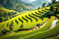 Boer navigeert over levendige groene rijstterrassen in Vietnam van Markus Gann thumbnail