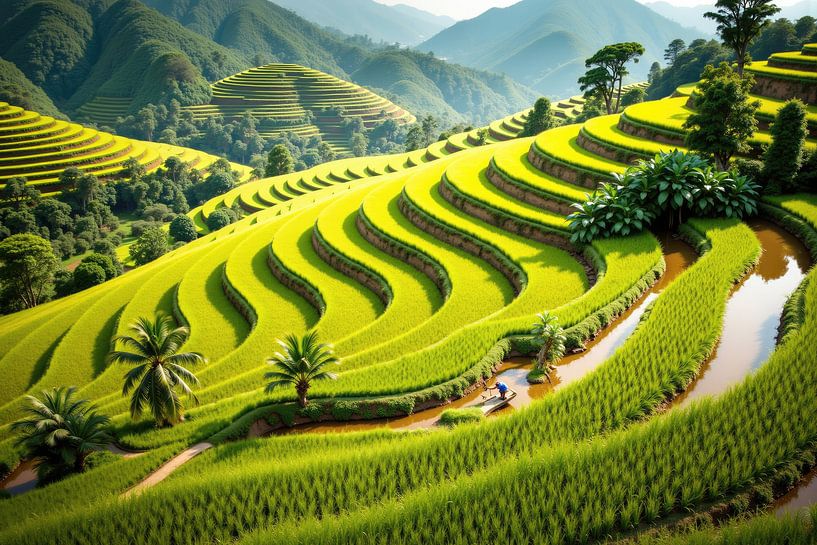 Boer navigeert over levendige groene rijstterrassen in Vietnam van Markus Gann