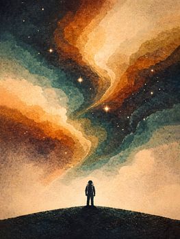 Lone Astronaut Under Watercolor Cosmic Sky