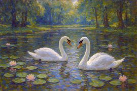 Swans in a pond with lilies painting. by Johannes