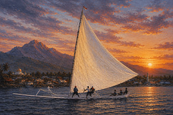 Traditionele Sandeq-zeilboot bij zonsondergang, West-Sulawesi