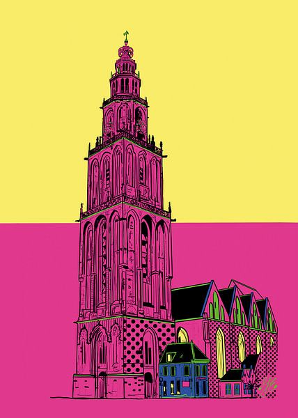 Martini Turm Groningen neongelb rosa von Janet Edens