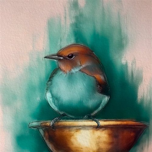 Rustig schilderij met een Vogeltje op gouden schaal