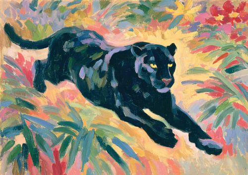 Zwarte panter in kleurrijke flora