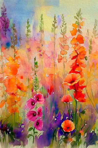 Feld mit bunten Stockrosen, Serie: Botanischer Abriss von Studio Pieternel
