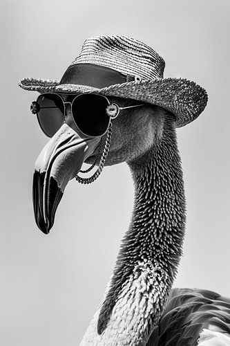 Flamant rose élégant avec chapeau et lunettes de soleil en noir et blanc