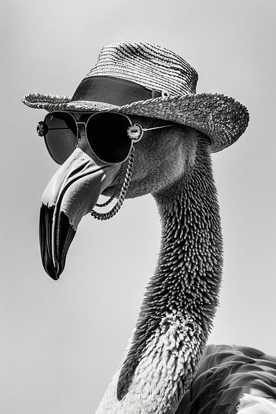 Stylish flamingo with hat and sunglasses in black and white by Poster Art Shop