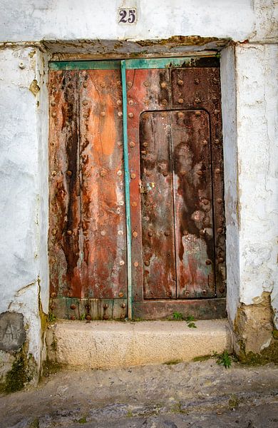 Rood oranje uitgebeten eikenhouten deur. van Wout Kok