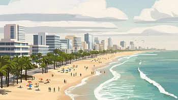 Tropical City Beach with Palm Trees and Skyline