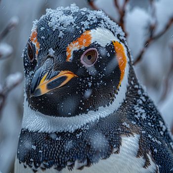 Penguin in Snow Falling Close Up Portrait