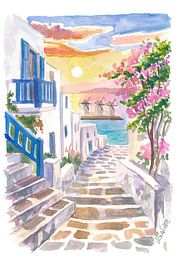 Mykonos-Gasse mit Treppe, Meerblick und Windmühlen bei Sonnenuntergang