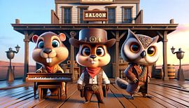 Optreden van een muzikaal trio op de veranda van de saloon van artefacti