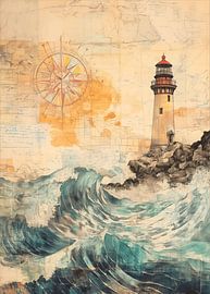 Vuurtoren in stormachtige zee met kompas