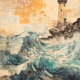 Vuurtoren in stormachtige zee met kompas van Pixelbull Design