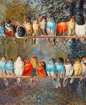 Een baars met vogels in het bos, Auguste Renoir x Hector Giacomelli (digitaal verbeterd)