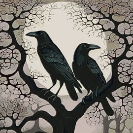 Two crows in a tree in moonlight by Anna Marie de Klerk