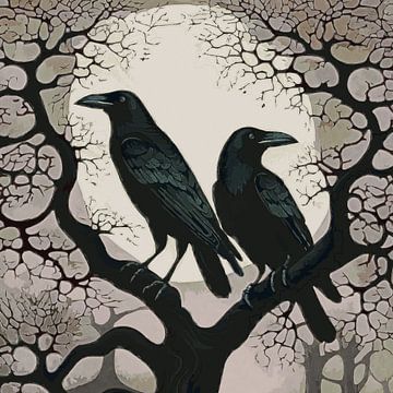 Twee kraaien in een boom in maanlicht van Anna Marie de Klerk