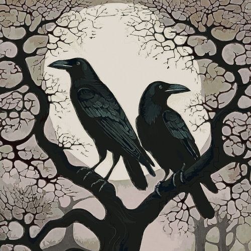 Deux corbeaux dans un arbre au clair de lune