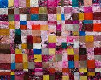 Abstract schilderij blokjes vele kleuren roze bruin