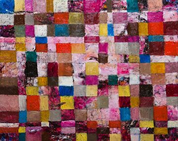 Abstract schilderij blokjes vele kleuren roze bruin van Anja Namink - Schilderijen