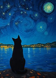 Schwarze Katze schaut in den Himmel 4