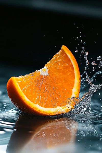 Spritzender Orangenschnitz auf Wasser von Poster Art Shop