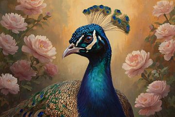 Peacock with flowers painting by De Muurdecoratie