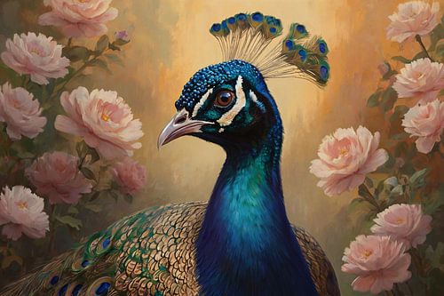 Pauw met bloemen schilderij