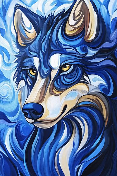 Abstract blue wolf painting by Art & Soul Creations