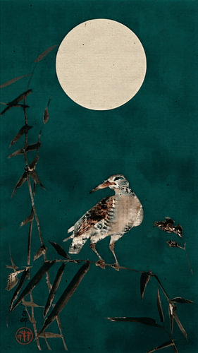 Traditional Japanese print of a bird (Black Horseman) on bamboo in a green (Tael) shade