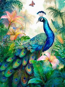 Elegant und romantisch: Ein Pfau in einem tropischen Garten