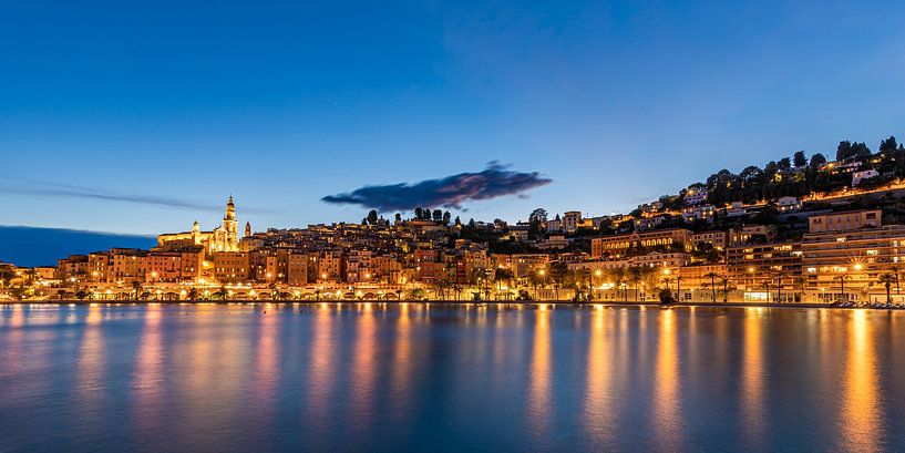 Panorama of the old town of Menton on the Côte d'Azur by night by Werner Dieterich