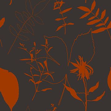 Blätter und Blumen im Boho-Stil in Retro-Farben. Moderne botanische Kunst von Dina Dankers