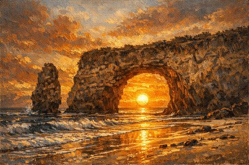Goldener Sonnenuntergang durch den Mbawana-Bogen – Ölgemälde einer Küstenlandschaft auf Sumba
